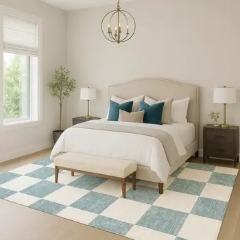 10' X 14' Teal Blue And Ivory Geometric Washable Indoor Outdoor Area Rug