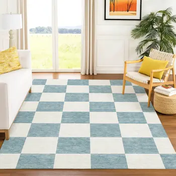10' X 14' Teal Blue And Ivory Geometric Washable Indoor Outdoor Area Rug
