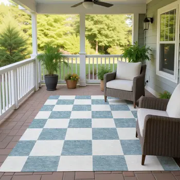 10' X 14' Teal Blue And Ivory Geometric Washable Indoor Outdoor Area Rug