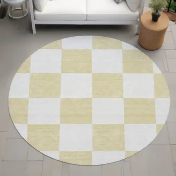 8' Wheat And Beige Round Geometric Washable Indoor Outdoor Area Rug