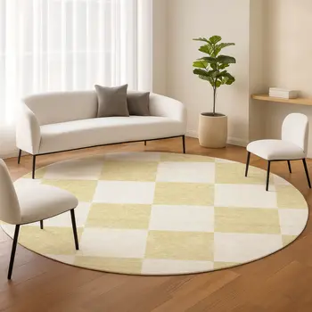 8' Wheat And Beige Round Geometric Washable Indoor Outdoor Area Rug