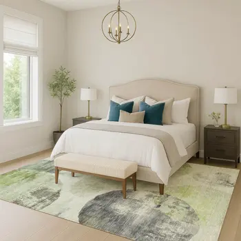 5' X 8' Artichoke Green And Ivory Abstract Washable Indoor Outdoor Area Rug