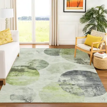 8' X 10' Artichoke Green And Ivory Abstract Washable Indoor Outdoor Area Rug