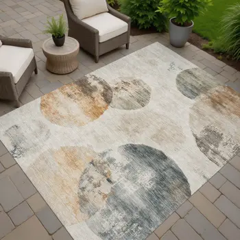 8' X 10' Beige Khaki And Ivory Abstract Washable Indoor Outdoor Area Rug
