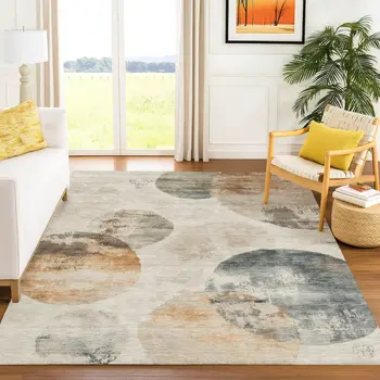 8' X 10' Beige Khaki And Ivory Abstract Washable Indoor Outdoor Area Rug