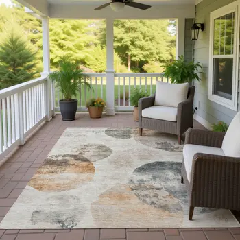 8' X 10' Beige Khaki And Ivory Abstract Washable Indoor Outdoor Area Rug