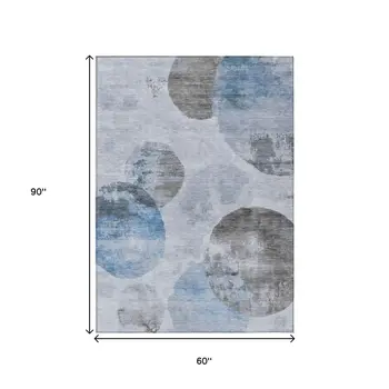 5' X 8' Denim Blue Taupe And Ivory Abstract Washable Indoor Outdoor Area Rug