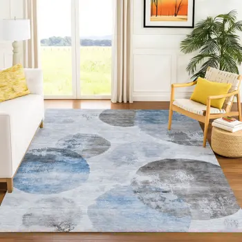 5' X 8' Denim Blue Taupe And Ivory Abstract Washable Indoor Outdoor Area Rug