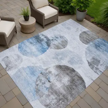 9' X 12' Denim Blue Taupe And Ivory Abstract Washable Indoor Outdoor Area Rug
