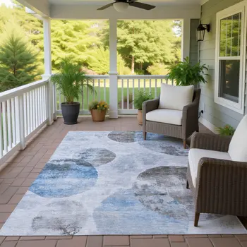 9' X 12' Denim Blue Taupe And Ivory Abstract Washable Indoor Outdoor Area Rug
