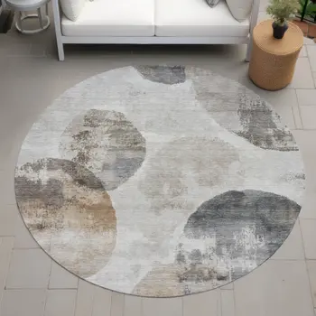 8' Taupe Ivory And Beige Round Abstract Washable Indoor Outdoor Area Rug