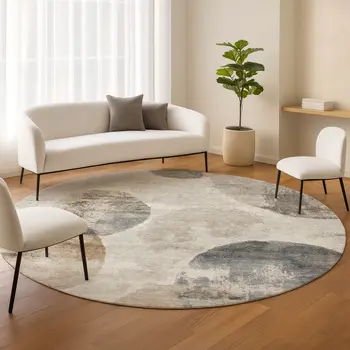 8' Taupe Ivory And Beige Round Abstract Washable Indoor Outdoor Area Rug