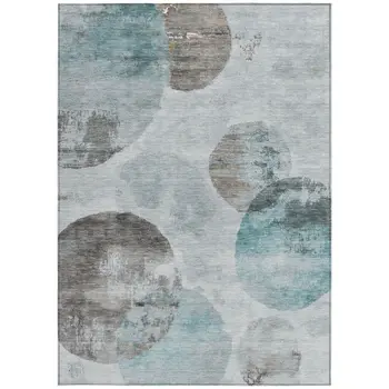 5' X 8' Teal Blue Ivory And Taupe Abstract Washable Indoor Outdoor Area Rug