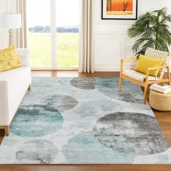 5' X 8' Teal Blue Ivory And Taupe Abstract Washable Indoor Outdoor Area Rug