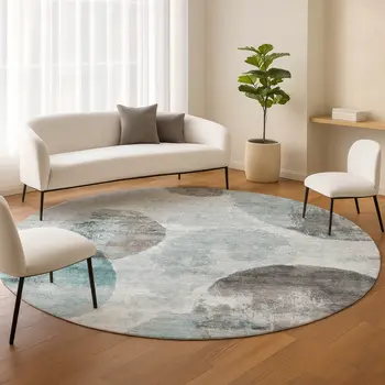 8' Teal Blue Ivory And Taupe Round Abstract Washable Indoor Outdoor Area Rug