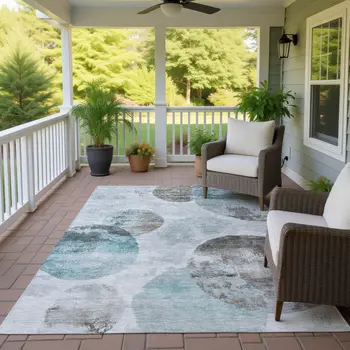 8' X 10' Teal Blue Ivory And Taupe Abstract Washable Indoor Outdoor Area Rug