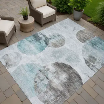 9' X 12' Teal Blue Ivory And Taupe Abstract Washable Indoor Outdoor Area Rug