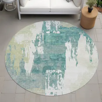 8' Artichoke Green Ivory And Aqua Round Abstract Washable Indoor Outdoor Area Rug