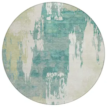 8' Artichoke Green Ivory And Aqua Round Abstract Washable Indoor Outdoor Area Rug