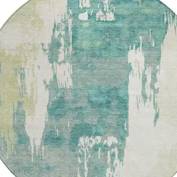 8' Artichoke Green Ivory And Aqua Round Abstract Washable Indoor Outdoor Area Rug