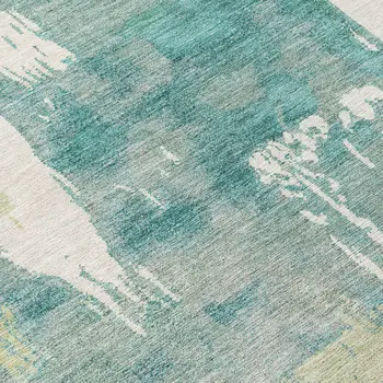 8' Artichoke Green Ivory And Aqua Round Abstract Washable Indoor Outdoor Area Rug