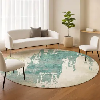8' Artichoke Green Ivory And Aqua Round Abstract Washable Indoor Outdoor Area Rug