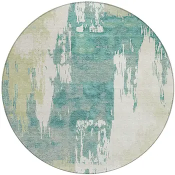 8' Artichoke Green Ivory And Aqua Round Abstract Washable Indoor Outdoor Area Rug