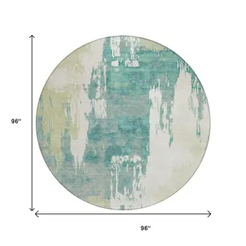 8' Artichoke Green Ivory And Aqua Round Abstract Washable Indoor Outdoor Area Rug