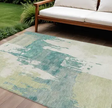 8' X 10' Artichoke Green Ivory And Aqua Abstract Washable Indoor Outdoor Area Rug