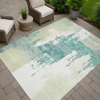 8' X 10' Artichoke Green Ivory And Aqua Abstract Washable Indoor Outdoor Area Rug