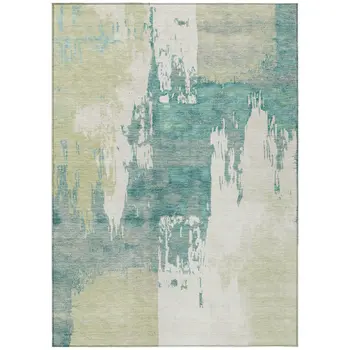 8' X 10' Artichoke Green Ivory And Aqua Abstract Washable Indoor Outdoor Area Rug