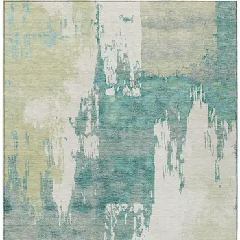 8' X 10' Artichoke Green Ivory And Aqua Abstract Washable Indoor Outdoor Area Rug