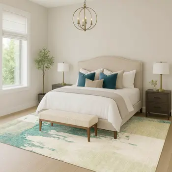 8' X 10' Artichoke Green Ivory And Aqua Abstract Washable Indoor Outdoor Area Rug