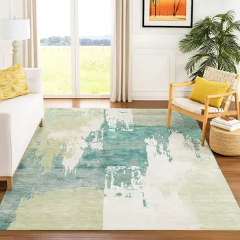 8' X 10' Artichoke Green Ivory And Aqua Abstract Washable Indoor Outdoor Area Rug