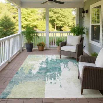 8' X 10' Artichoke Green Ivory And Aqua Abstract Washable Indoor Outdoor Area Rug