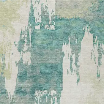 9' X 12' Artichoke Green Ivory And Aqua Abstract Washable Indoor Outdoor Area Rug