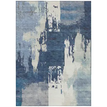 3' X 5' Blue And Ivory Abstract Washable Indoor Outdoor Area Rug
