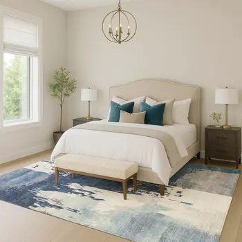 5' X 8' Blue And Ivory Abstract Washable Indoor Outdoor Area Rug