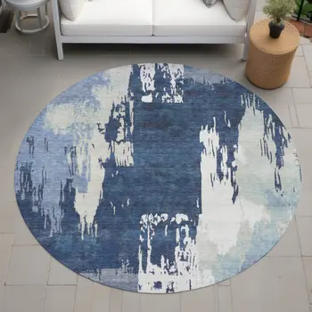 8' Blue And Ivory Round Abstract Washable Indoor Outdoor Area Rug