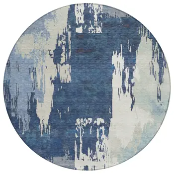 8' Blue And Ivory Round Abstract Washable Indoor Outdoor Area Rug