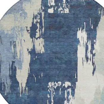 8' Blue And Ivory Round Abstract Washable Indoor Outdoor Area Rug