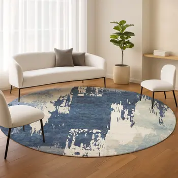 8' Blue And Ivory Round Abstract Washable Indoor Outdoor Area Rug