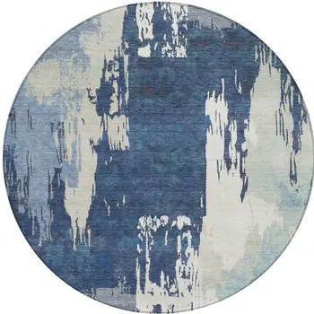 8' Blue And Ivory Round Abstract Washable Indoor Outdoor Area Rug