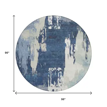 8' Blue And Ivory Round Abstract Washable Indoor Outdoor Area Rug