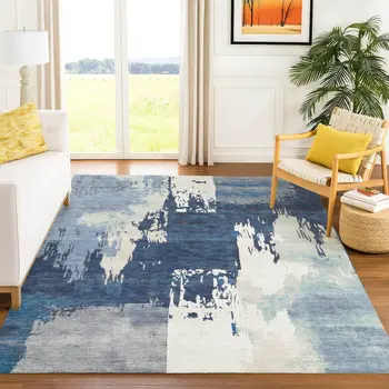 10' X 14' Blue And Ivory Abstract Washable Indoor Outdoor Area Rug