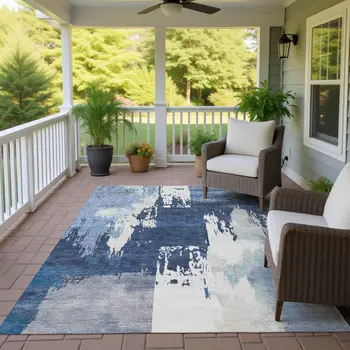 10' X 14' Blue And Ivory Abstract Washable Indoor Outdoor Area Rug