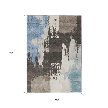 3' X 5' Brown Ivory And Blue Abstract Washable Indoor Outdoor Area Rug