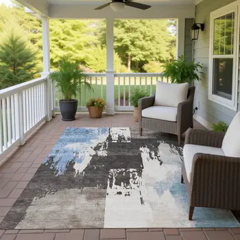 3' X 5' Brown Ivory And Blue Abstract Washable Indoor Outdoor Area Rug