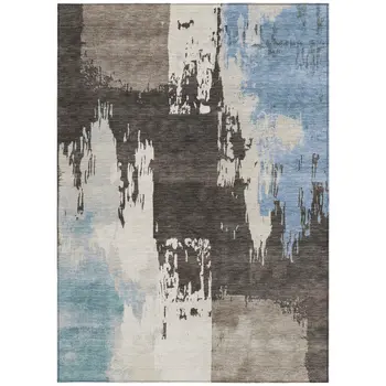 10' X 14' Brown Ivory And Blue Abstract Washable Indoor Outdoor Area Rug
