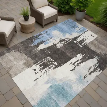 10' X 14' Brown Ivory And Blue Abstract Washable Indoor Outdoor Area Rug
